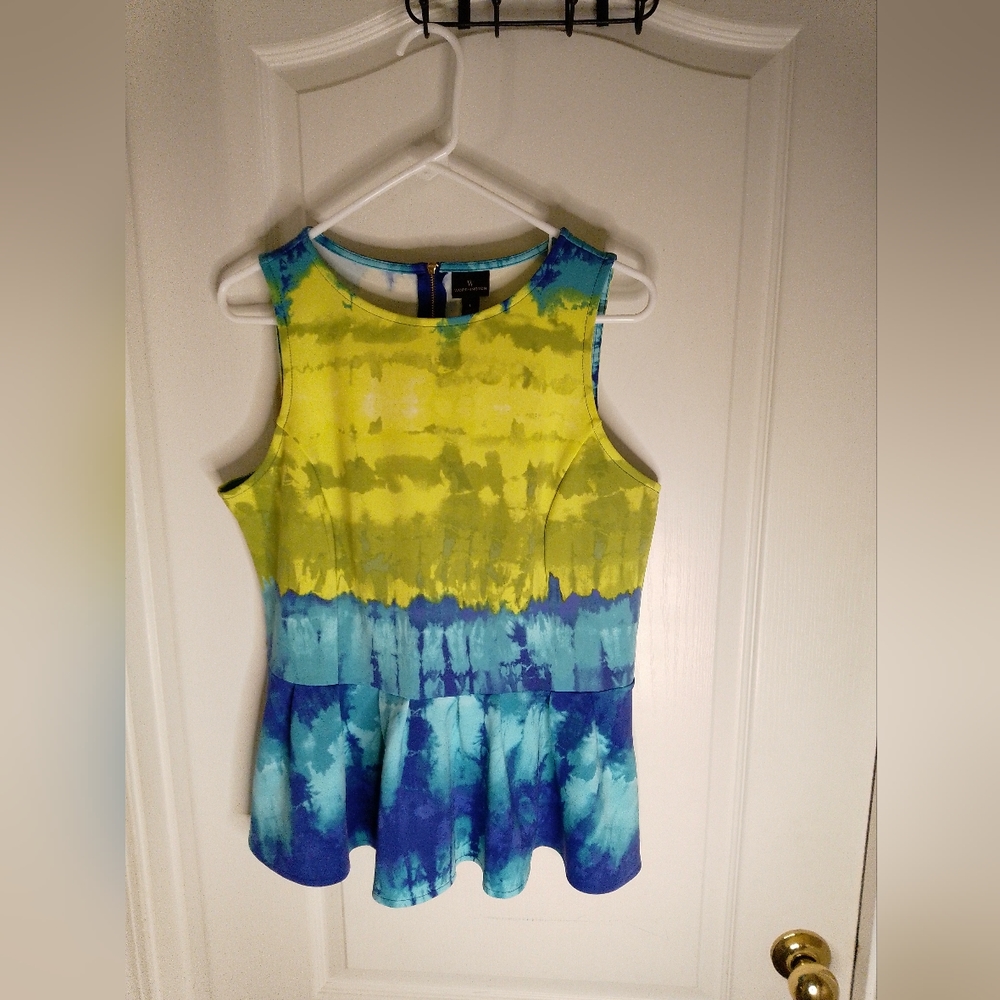 NWT/Worthington Carnival Tie Die Peplum tank top /large/blue and yellow